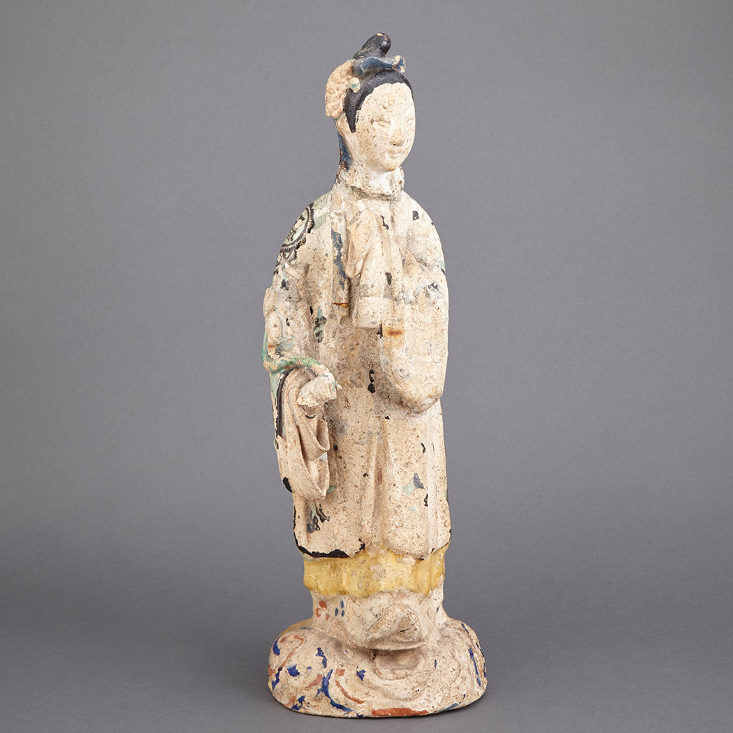 Appraisal: Chinese Glazed Pottery Figure of a Courtesan Strolling in traditional