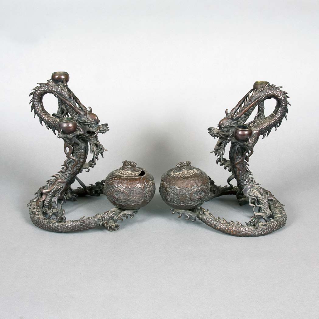 Appraisal: Pair of Japanese Bronze Candlesticks Late th century Each cast