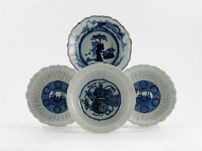 Appraisal: Four Japanese blue and white moulded bowls variously decorated with