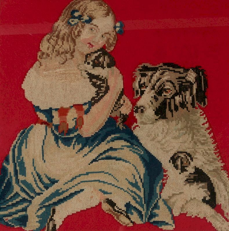 Appraisal: A TH CENT NEEDLEWORK PICTURE OF GIRL WITH PUPPY A