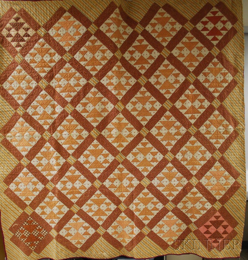 Appraisal: th Century Hand-stitched Pieced Cotton Geometric Pattern Quilt x in