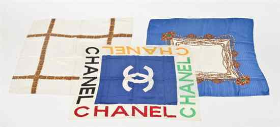 Appraisal: THREE CHANEL SILK SCARVES Including one depicting signature chain and