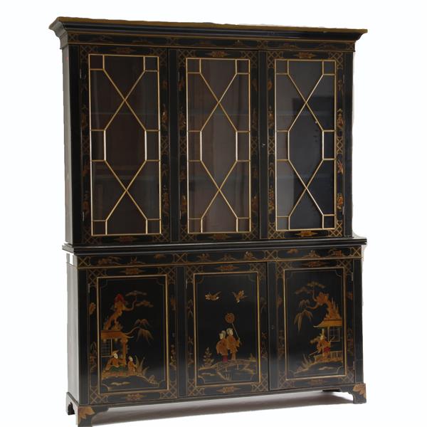 Appraisal: Asian Black Lacquer Chinoiserie breakfront with Figural Design ca st