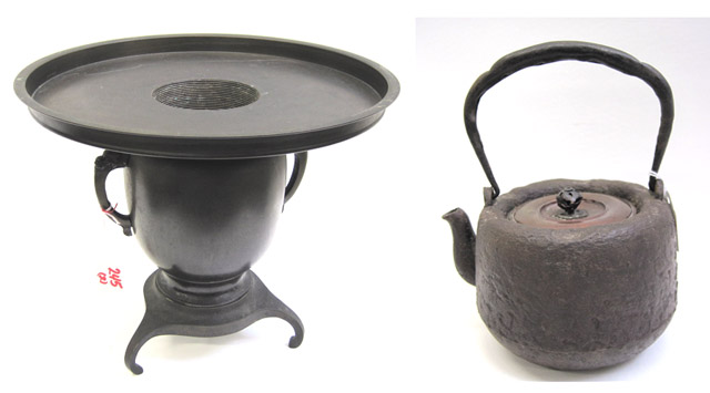 Appraisal: JAPANESE BRONZE USABATI AND IRON HOT WATER KETTLE the tri-curved