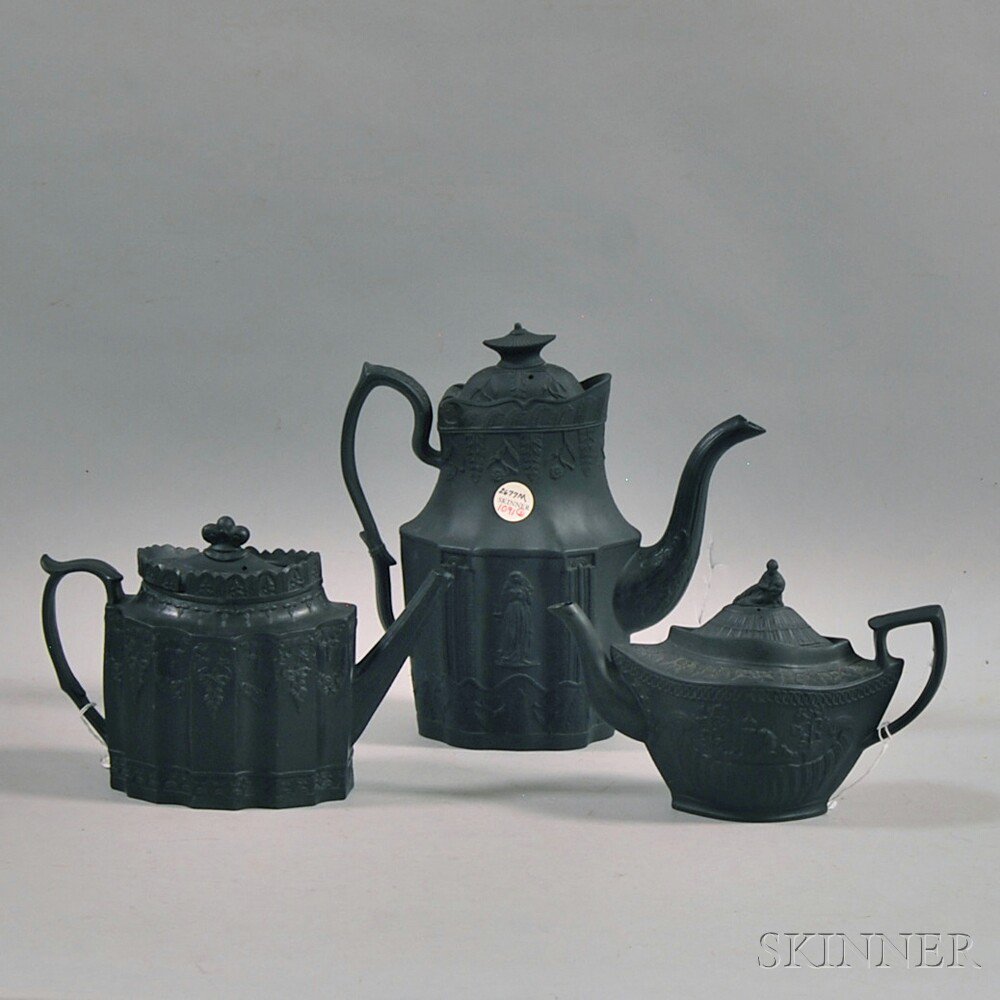 Appraisal: Three Black Basalt Teapots England early th century ht to