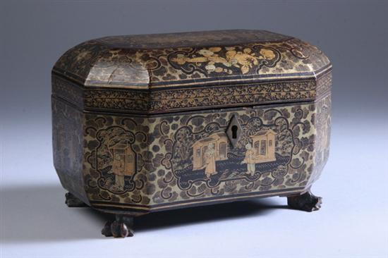 Appraisal: CHINESE EXPORT BLACK LACQUERED AND GILT OCTAGONAL TEA CADDY Raised