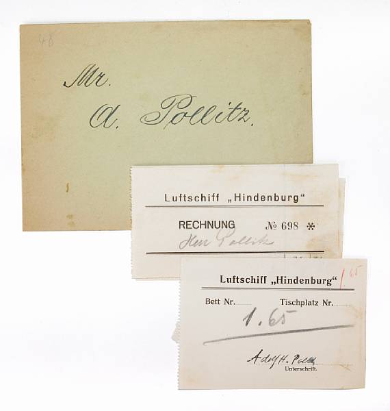 Appraisal: HINDENBURG ONBOARD SERVICE Receipt and chits pp vo and mo