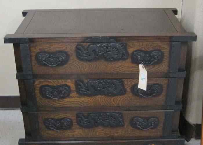 Appraisal: KOREAN THREE-DRAWER TANSU ON WHEELS Dimensions ''H x ''W x