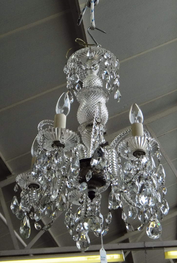 Appraisal: A cut glass five branch chandelier th century with hobnail