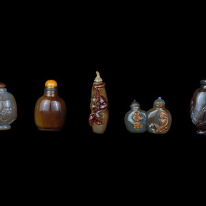 Appraisal: Five Chinese Agate Snuff Bottles Late th- th Century comprising