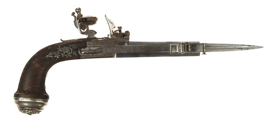 Appraisal: ORNATE FRENCH FLINTLOCK PISTOL WITH SNAP BAYONET NSN cal oct