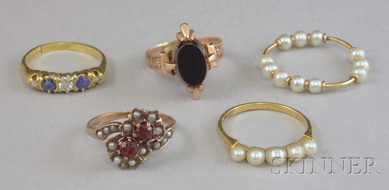 Appraisal: Five Gold Gem-set Rings including an kt gold diamond and