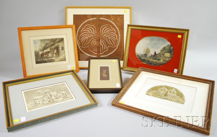 Appraisal: Six Assorted Decorative Prints two hand-colored prints depicting haying and