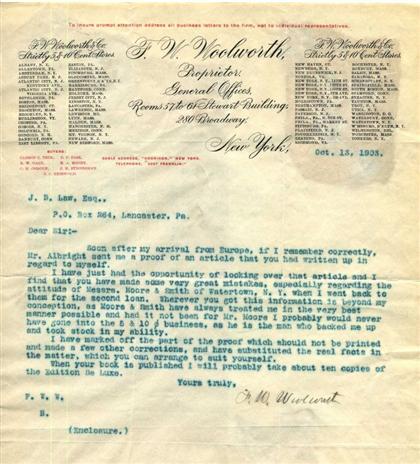 Appraisal: pieces Autograph Material Woolworth W W Typed Letter Signed New