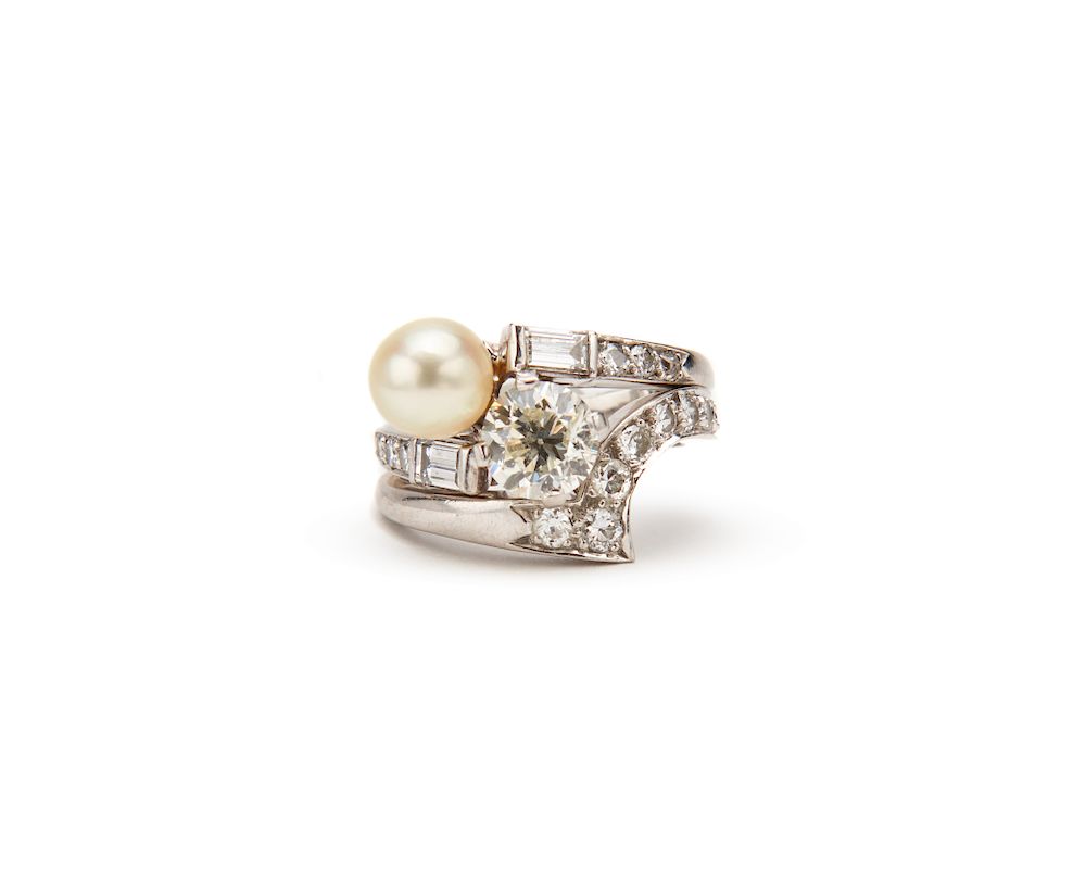 Appraisal: Platinum Diamond and Pearl Ring and Band Platinum Diamond and