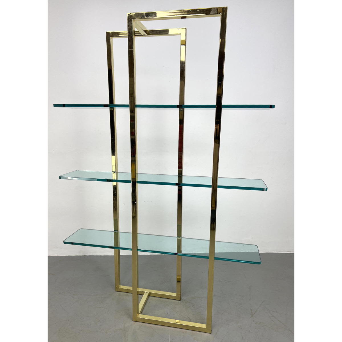 Appraisal: Brass Plated Glass Shelf Etagere Display Shelves Modernist design display