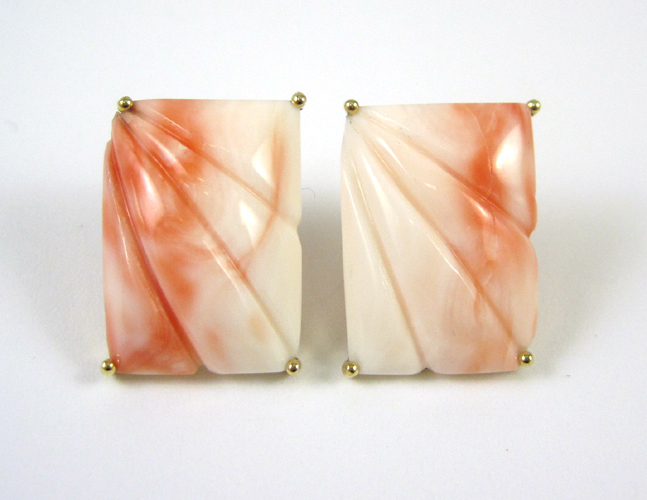 Appraisal: PAIR OF PINK CORAL EARRINGS each k yellow gold set