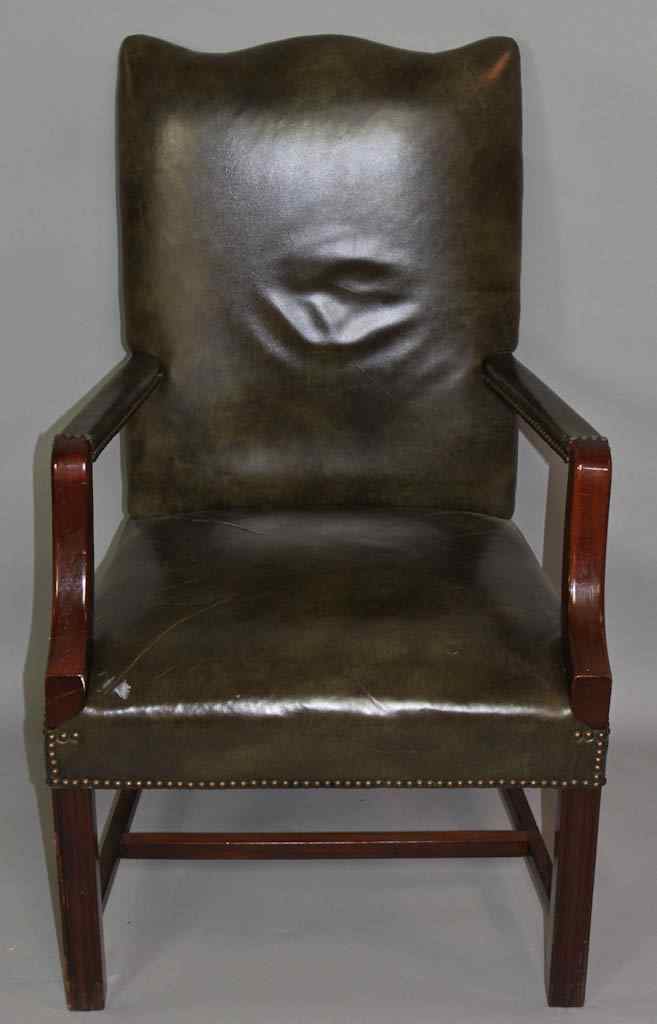 Appraisal: GEORGE III STYLE MAHOGANY GREEN LEATHER MAHOGANY LIBRARY ARM CHAIR