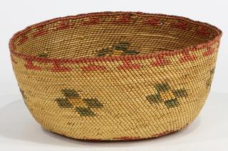 Appraisal: Nootka basket decorated with polychrome geometric designs Nootka basket decorated