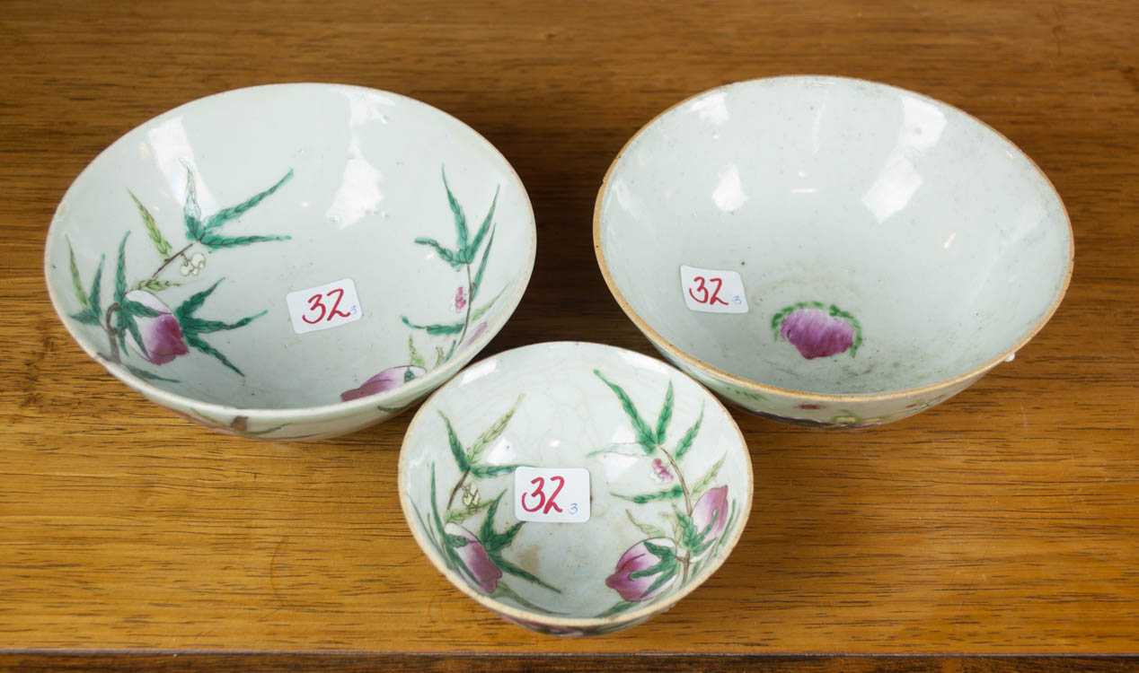 Appraisal: THREE CHINESE QING HAND ENAMELED PORCELAIN BOWLS each having peach