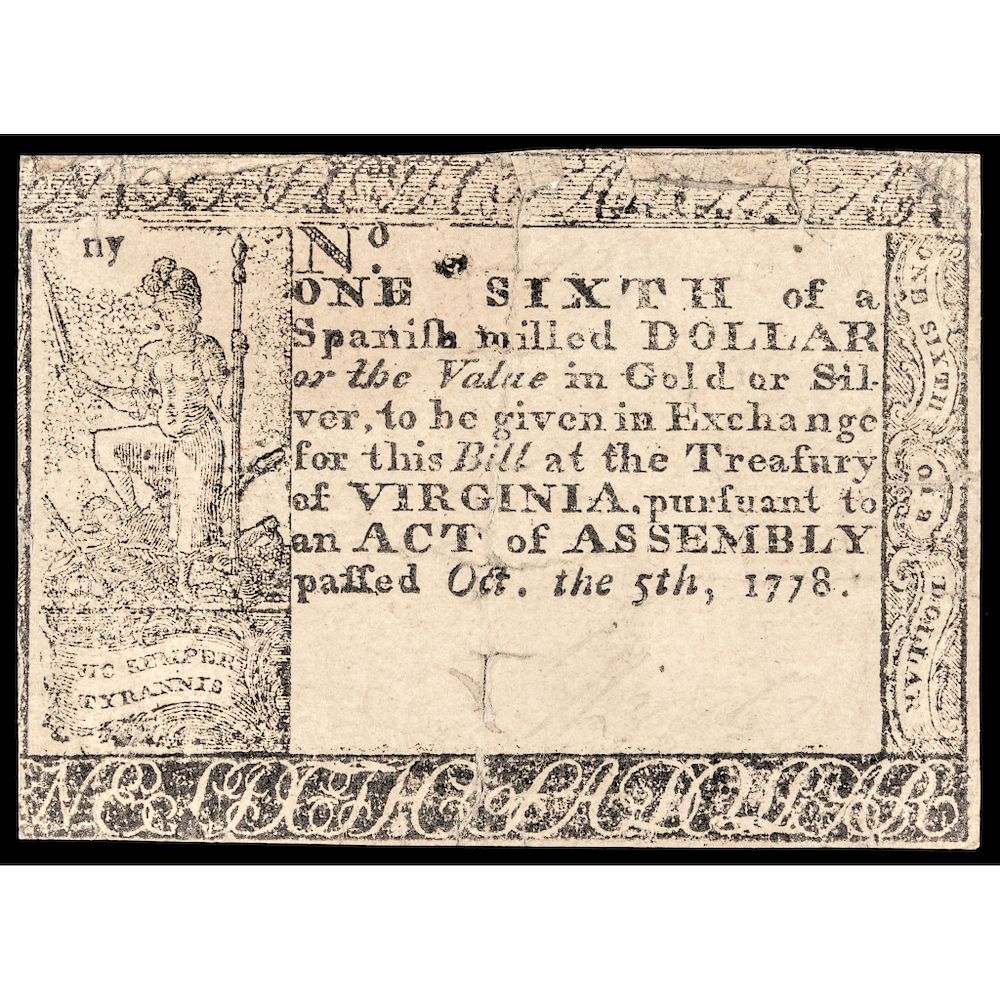 Appraisal: Colonial Currency Virginia Note October One Sixth of a Dollar