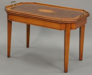 Appraisal: Burl mahogany inlaid tray top table with shell inlaid center