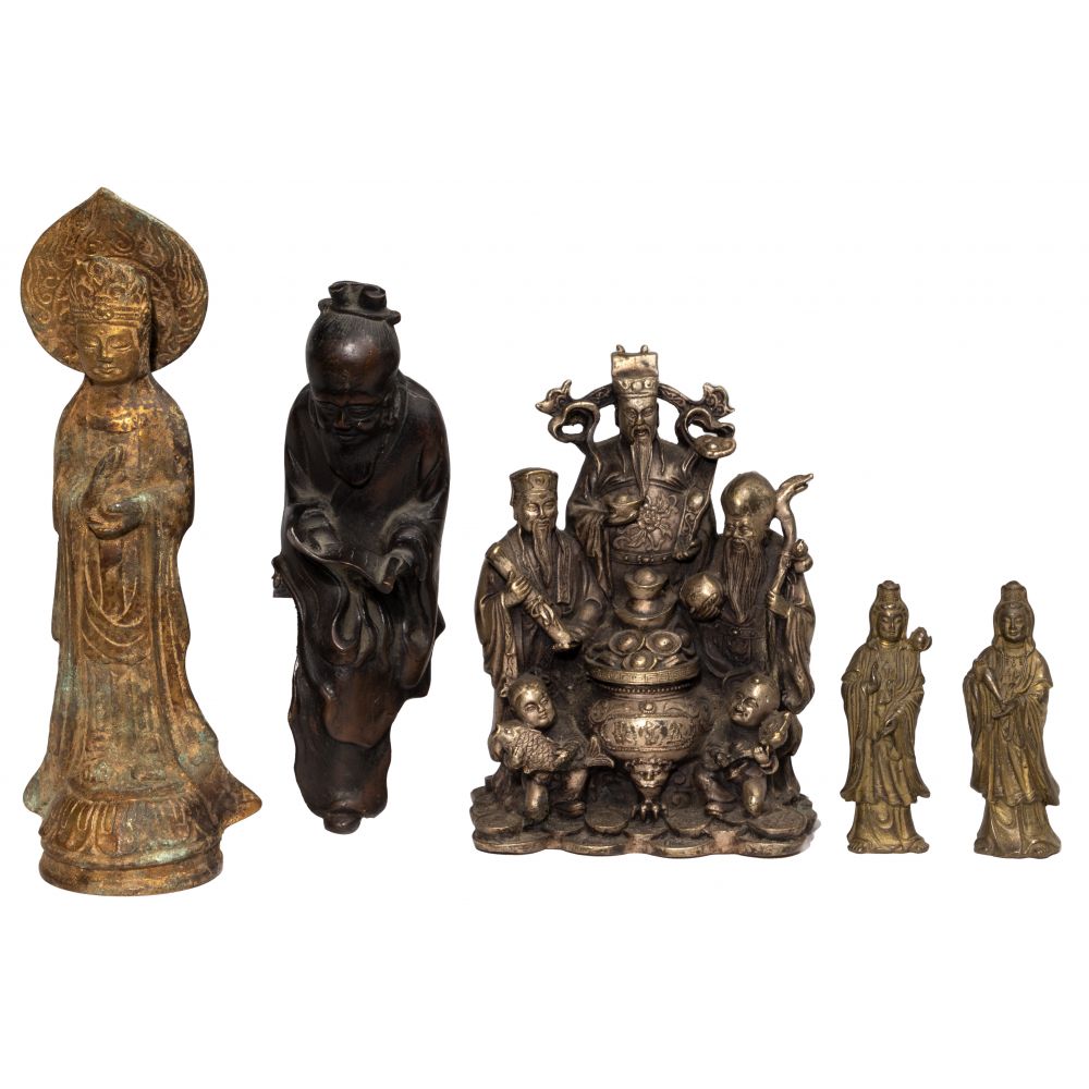 Appraisal: CHINESE COPPER ALLOY STATUE ASSORTMENT items including a gilt Guanyin