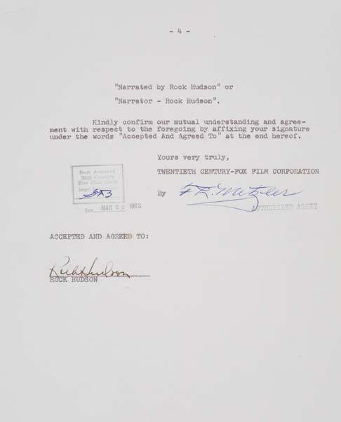 Appraisal: ROCK HUDSON Contract signed by Hudson to narrate the documentary