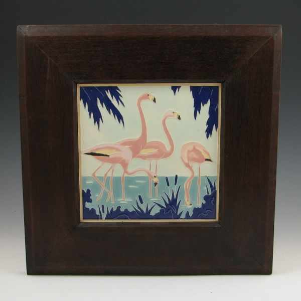 Appraisal: American Encaustic framed tile of flamingos Unmarked Excellent condition ''