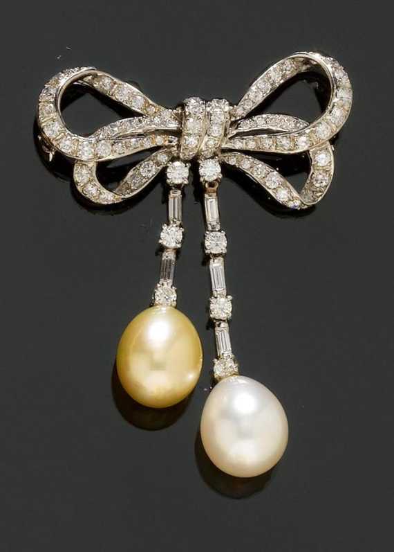 Appraisal: PEARL AND DIAMOND BROOCH White gold Fancy brooch of bow