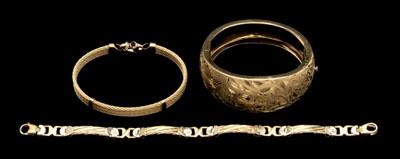 Appraisal: Three kt gold bracelets one bangle with engraved floral decoration