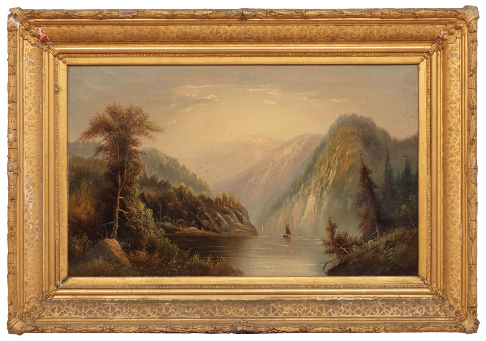 Appraisal: American School th c Mountainous Landscape with Sailboat oil on