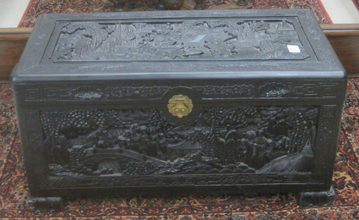 Appraisal: CARVED AND EBONIZED CAMPHOR WOOD BLANKET CHEST Chinese export mid-