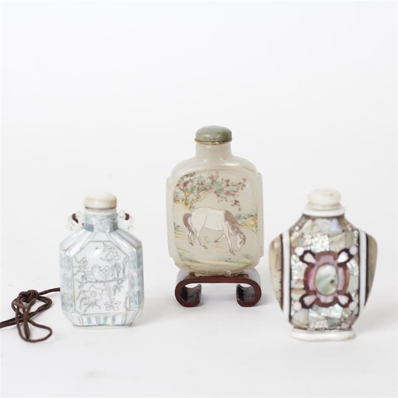 Appraisal: Three Chinese Snuff Bottles Peking glass inside-painted style mother-of-pearl with