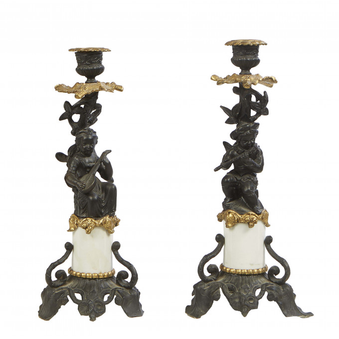 Appraisal: Pair of French Style Spelter and Milk Glass Figural Candlesticks