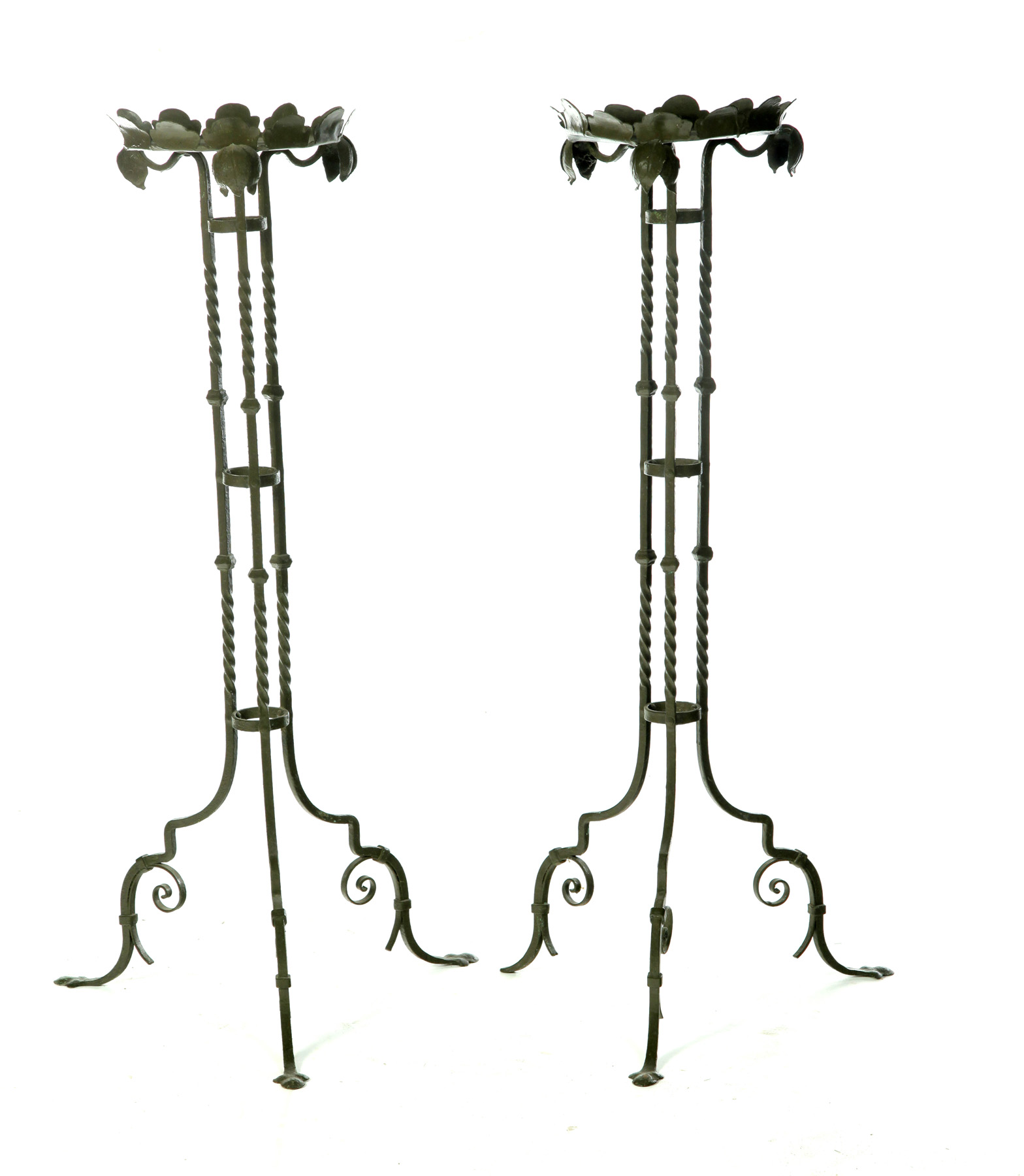 Appraisal: PAIR OF FORGED IRON PLANT STANDS European c Twisted square