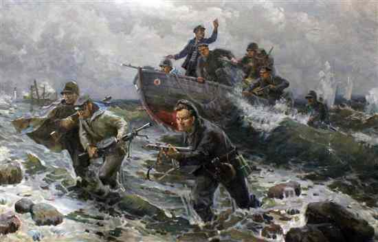 Appraisal: Russian School oil on canvas Marines storming ashore signed x