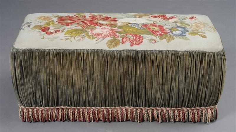 Appraisal: VICTORIAN STYLE NEEDLEPOINT AND VELVET UPHOLSTERED OTTOMAN The rectangular mint