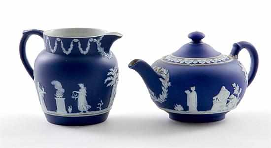 Appraisal: Wedgwood jasperware teapot and pitcher circa - deep blue ground