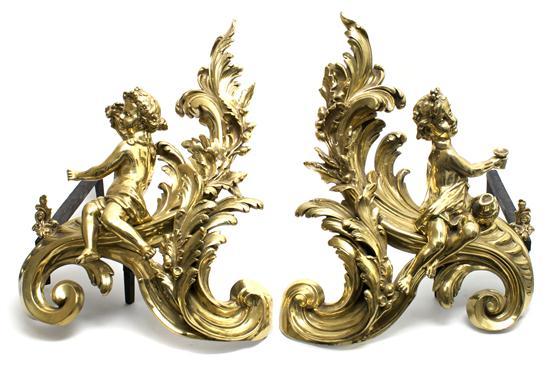 Appraisal: Pair of Louis XV Style Gilt Bronze Chenets having scrolling