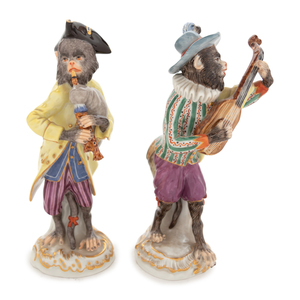 Appraisal: Two Meissen Porcelain Monkey Musicians th Century each bearing crossed