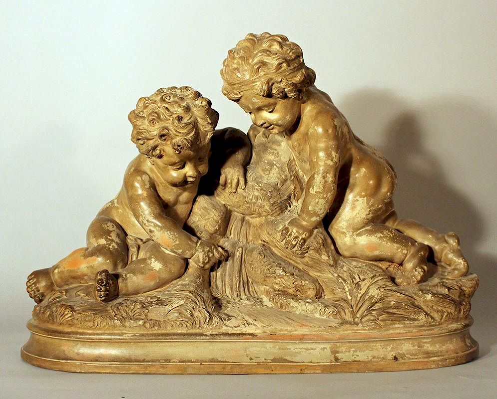 Appraisal: French sculpted terracotta group French sculpted terracotta group with two