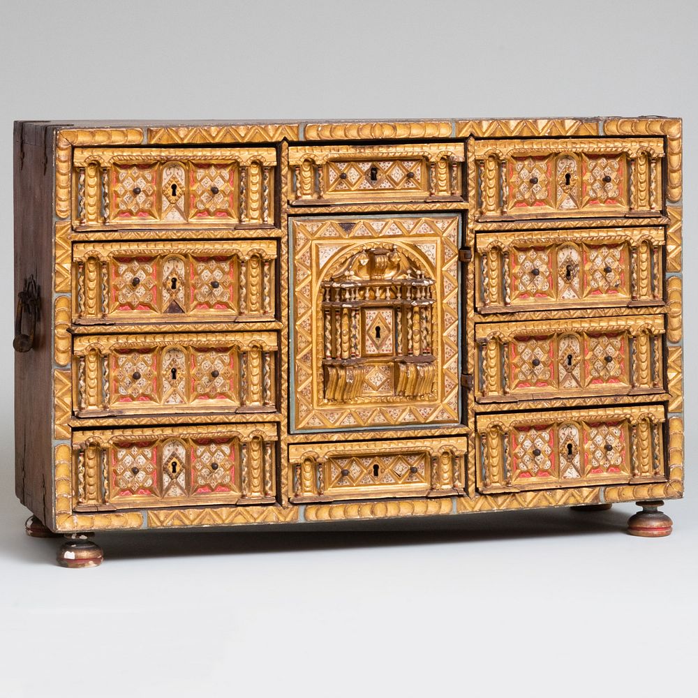 Appraisal: Spanish Iron-Mounted Bone-Inlaid Parcel-Gilt and Red-Painted Walnut Vargueno Comprising a