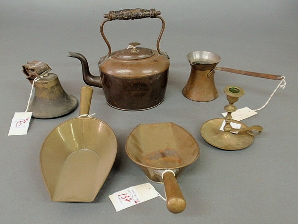 Appraisal: Group of brassware and copperware- bell kettle two scoops etc