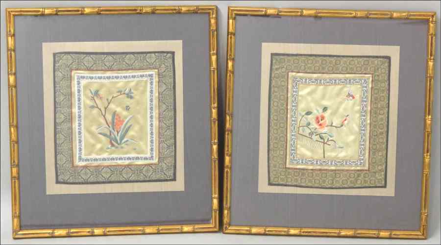 Appraisal: TWO FRAMED CHINESE SILK EMBROIDERED LANDSCAPES Together with three gilt