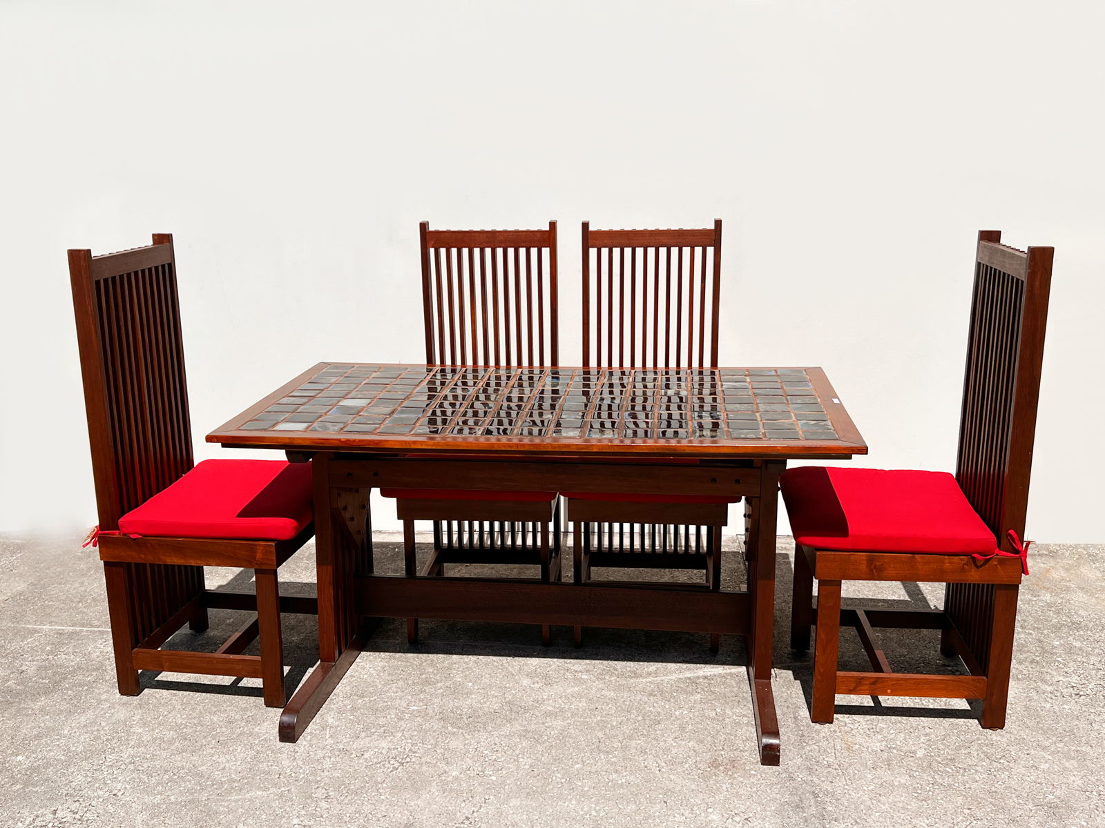 Appraisal: AMERICAN CRAFTSMAN BLACK WALNUT TABLE CHAIRS Arts Crafts style dining