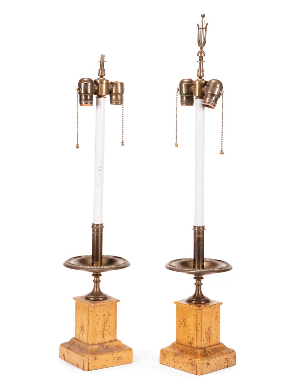 Appraisal: Pair of Decorative Brass Lamps beaded standards stepped wood pedestal