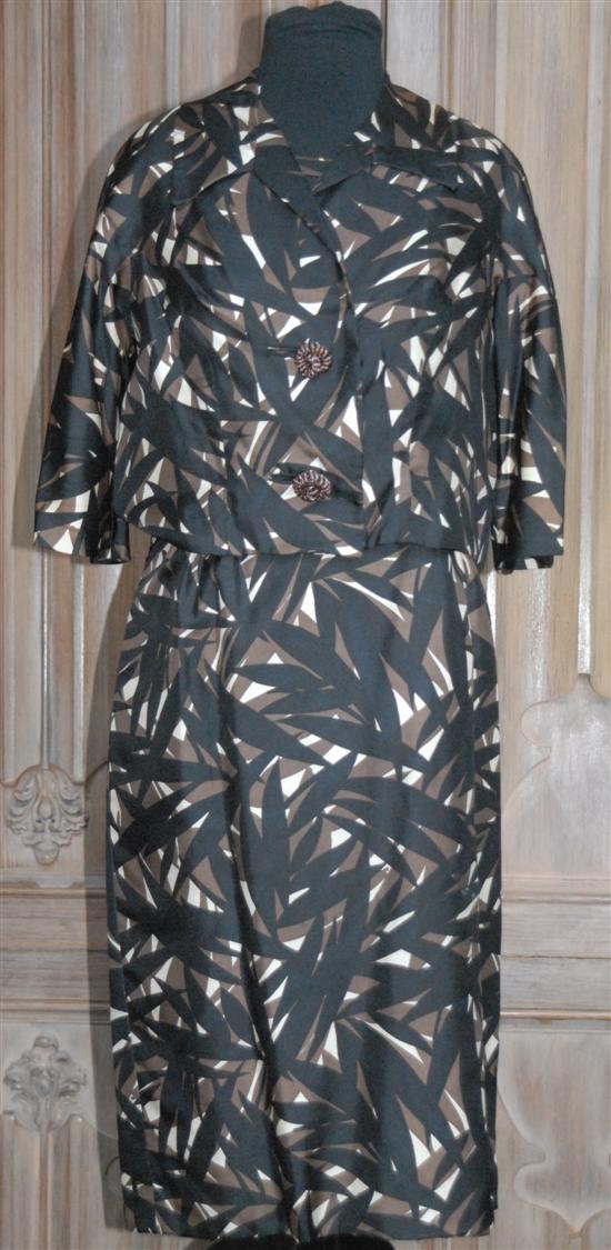 Appraisal: SUIT DRESS SAKS black brown and beige Tropical motif Sizes