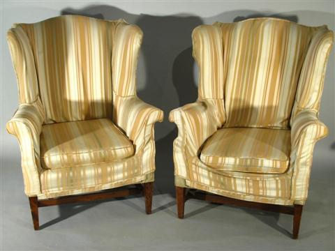 Appraisal: PAIR OF MODERN WING CHAIRS Beige striped upholstery - h