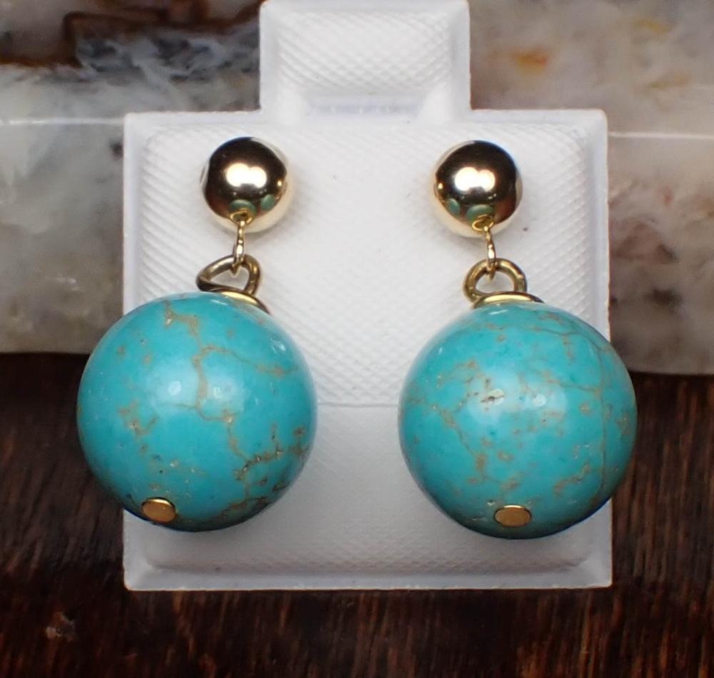 Appraisal: PAIR OF TURQUOISE AND FOURTEEN KARAT GOLD EARRINGS each dangle